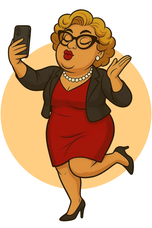 Titti wearing red dress taking a selfie